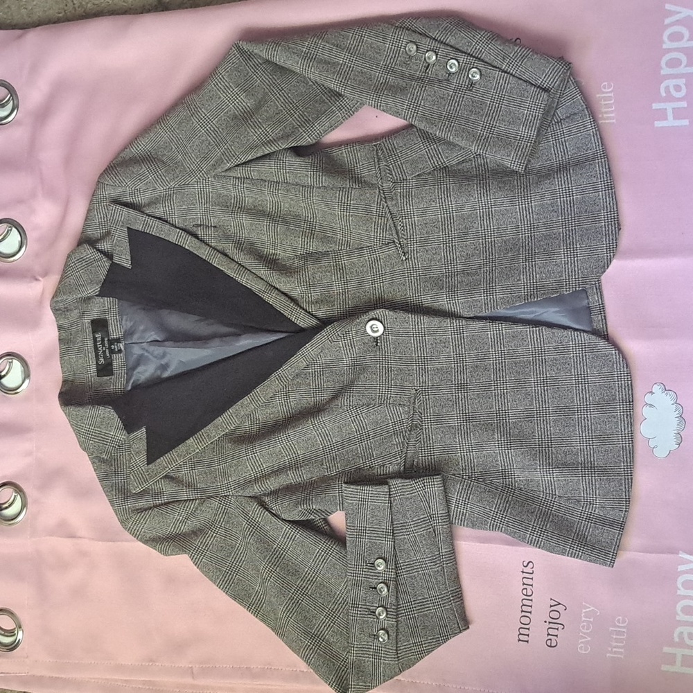 Gray Plaid Blazer with Button Details